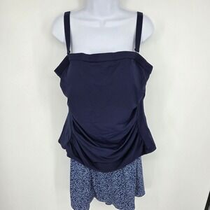 Lands End Womens 18W Navy Blue Ruched Tankini Top and Floral Swim Skirt Set